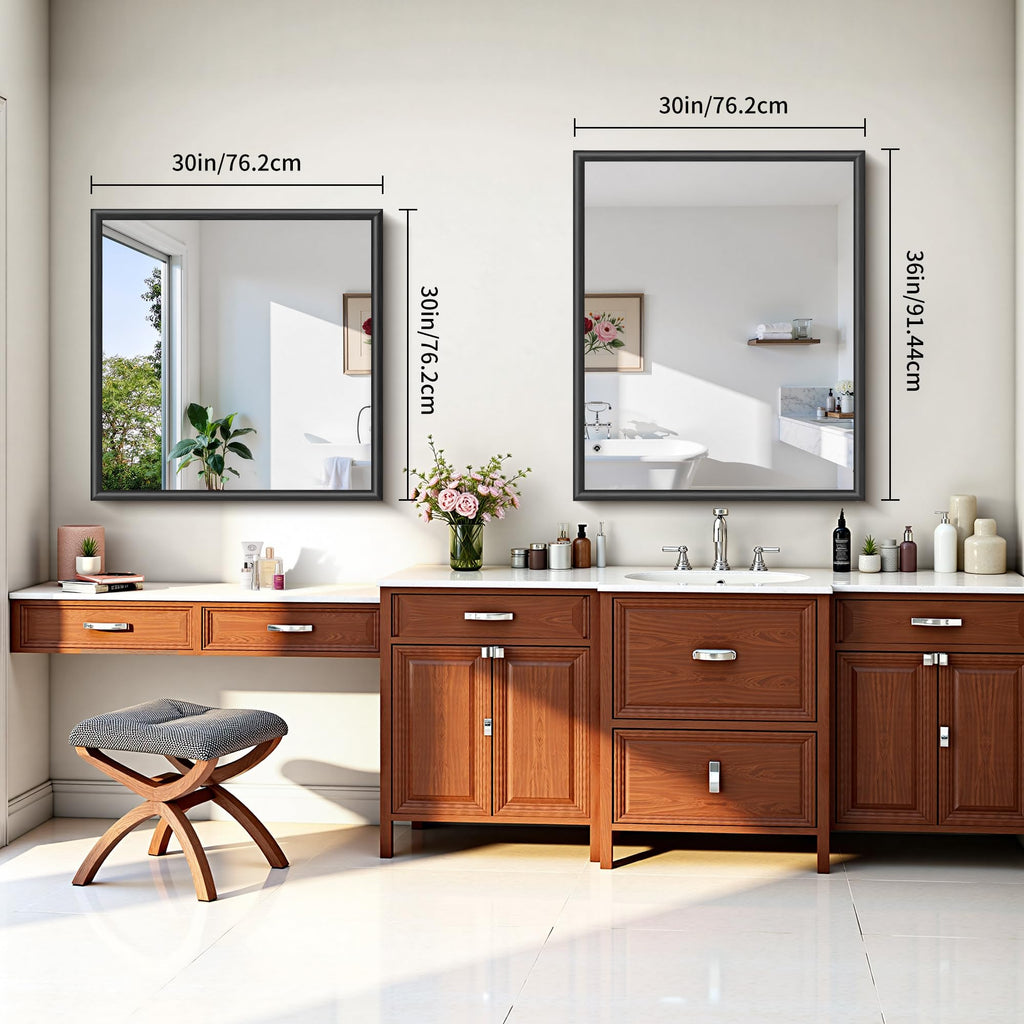 30x30 Square Black Mirror, Raised Metal Framed Bathroom Mirrors for Over Sink, Shatterproof Tempered Glass