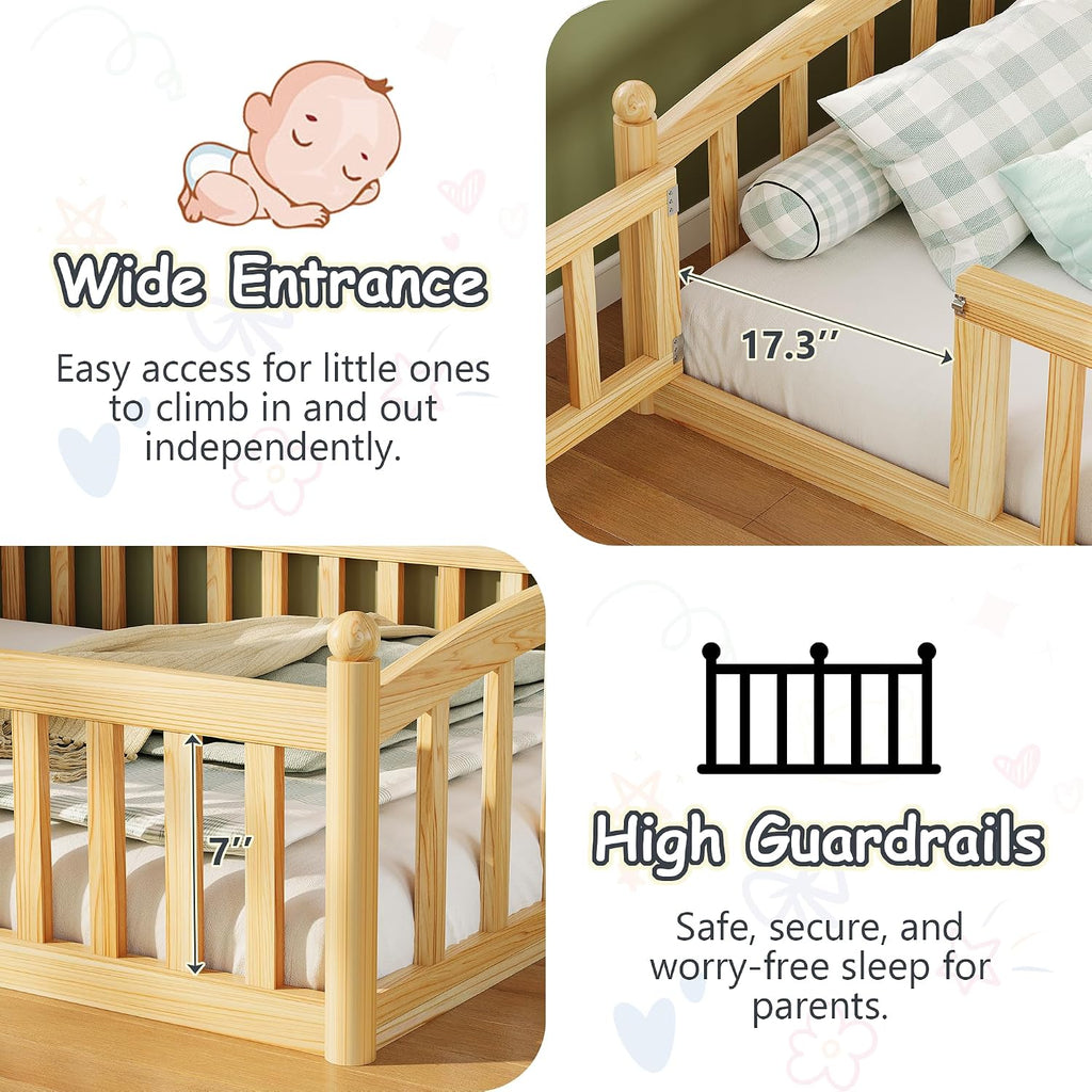Floor Bed with High Rails, Montessori Bed Frame with Wood Slats and Door, Montessori Floor Bed for Kids