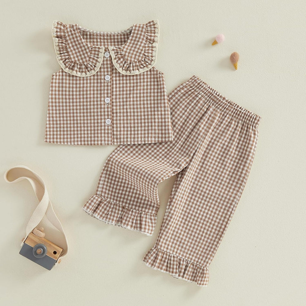 Toddler Baby Girl Summer Clothes Gingham Top Linen Pants 2 Piece Outfits