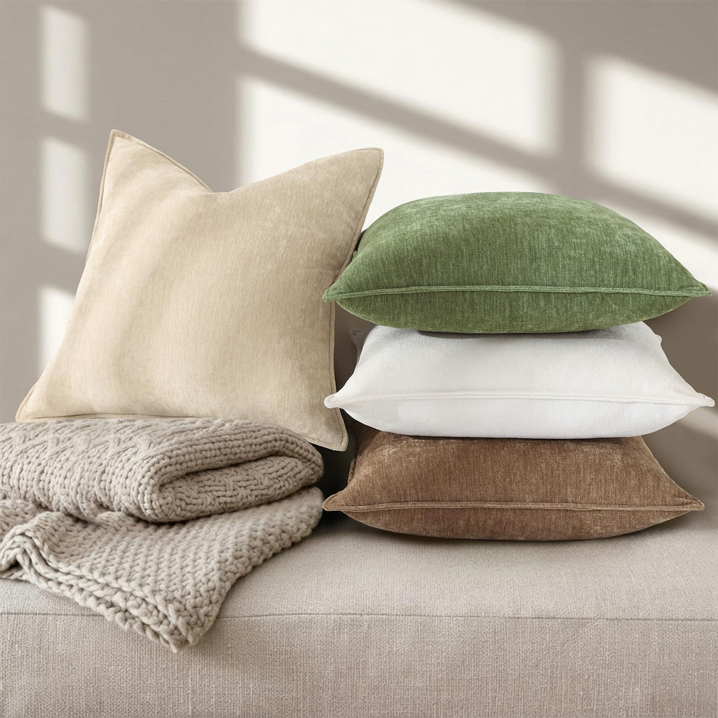 Chenille Beige Velvet Throw Pillow Covers 24x24 Set of 2