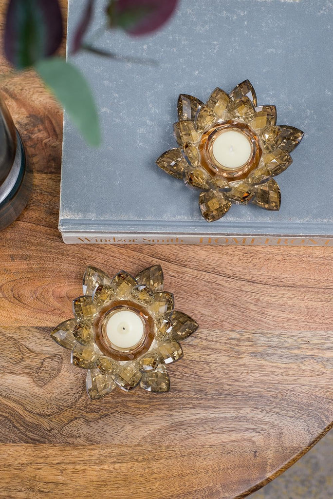 6x6x2 Elegant Crystal Lotus Flower Candle Holders Set of 2 - Luxurious Glass Tealight Holders Décor