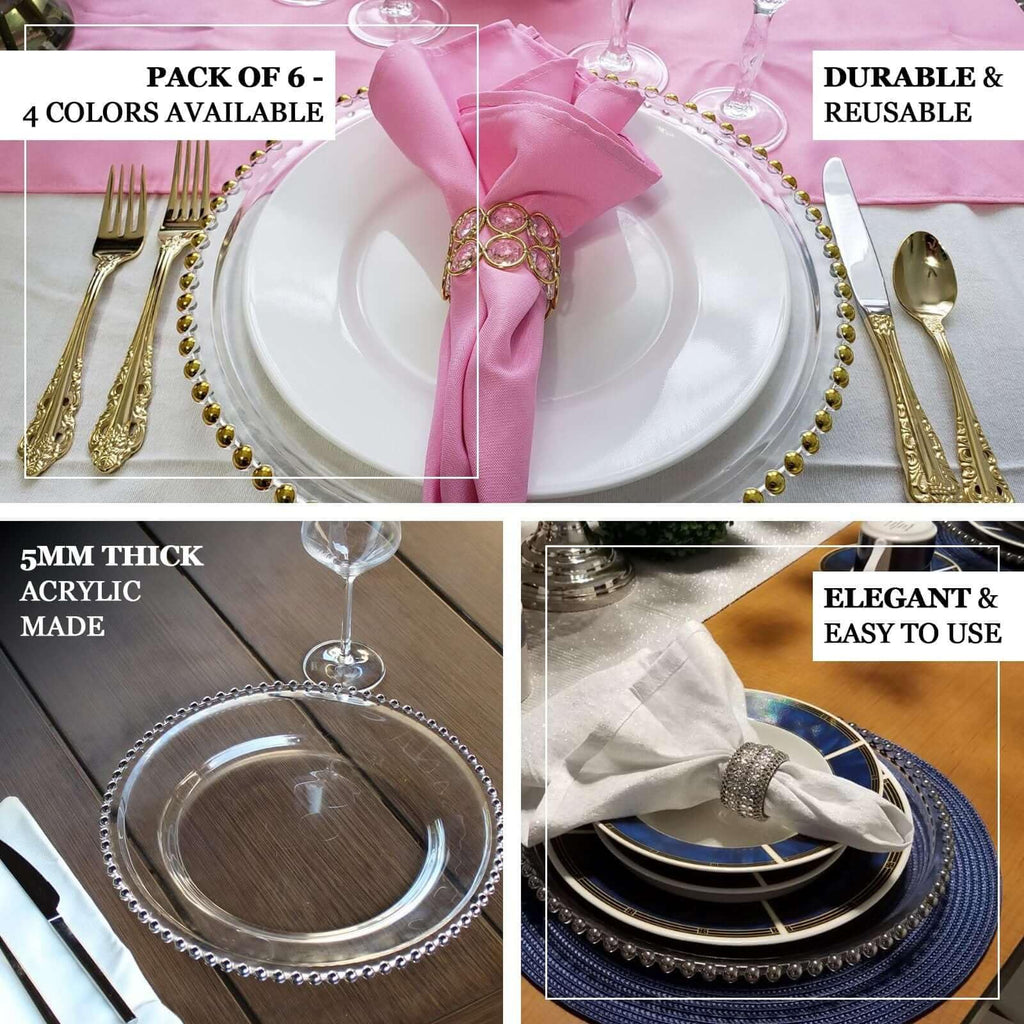 13" Charger Plates - Set of 12 - Gold Round Acrylic Disposable Chargers with Beaded Rim, Ideal for Dinner Party
