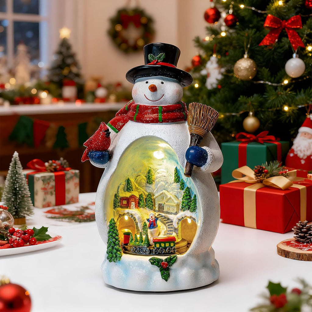 Animated Collection Figurines Musical Christmas Snowman &Cardinal Village Houses with Rotating Train, Lighted