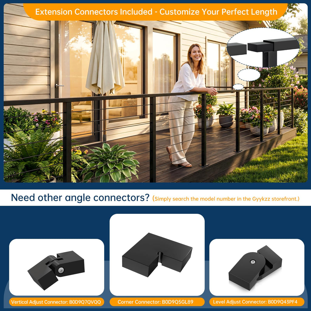 6'6" Stainless Steel T304 Handrail Black with Metal End Caps, 3 Pack Rectangular Cable Railing Handrail Flat Deck Top
