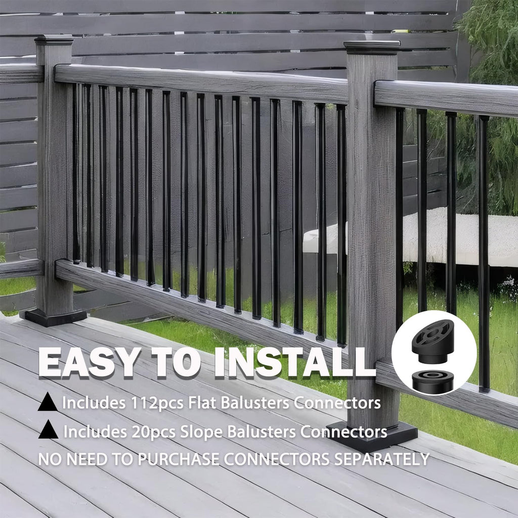 Aluminum Deck Balusters with Anti-UV Black Baluster Connectors, 3/4" Black Aluminum Deck Spindles, Hollow Round