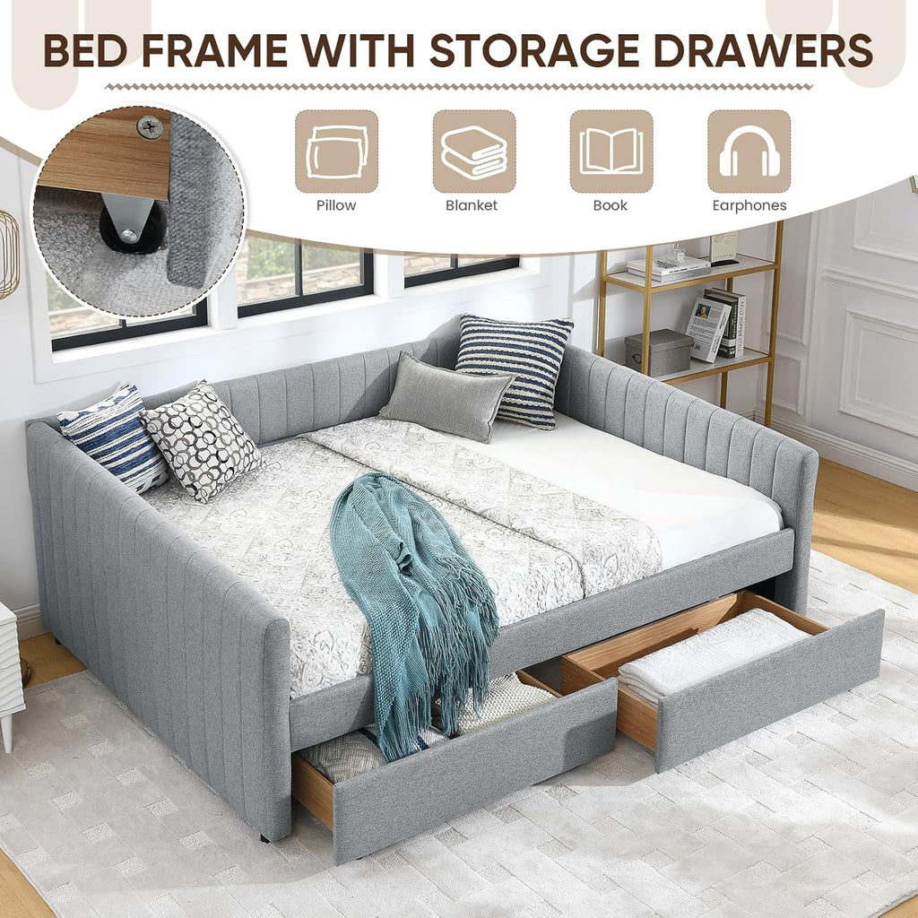 Daybed with Storage Drawers, Modern Upholstered Linen Queen Size Day Bed Frame with Stripes, Tufted Corner Sofa Bed