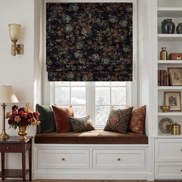 Black Floral Roman Shades for Windows, Cordless Magnetic Velvet Window Blind with Privacy Vintage Moody Botanical