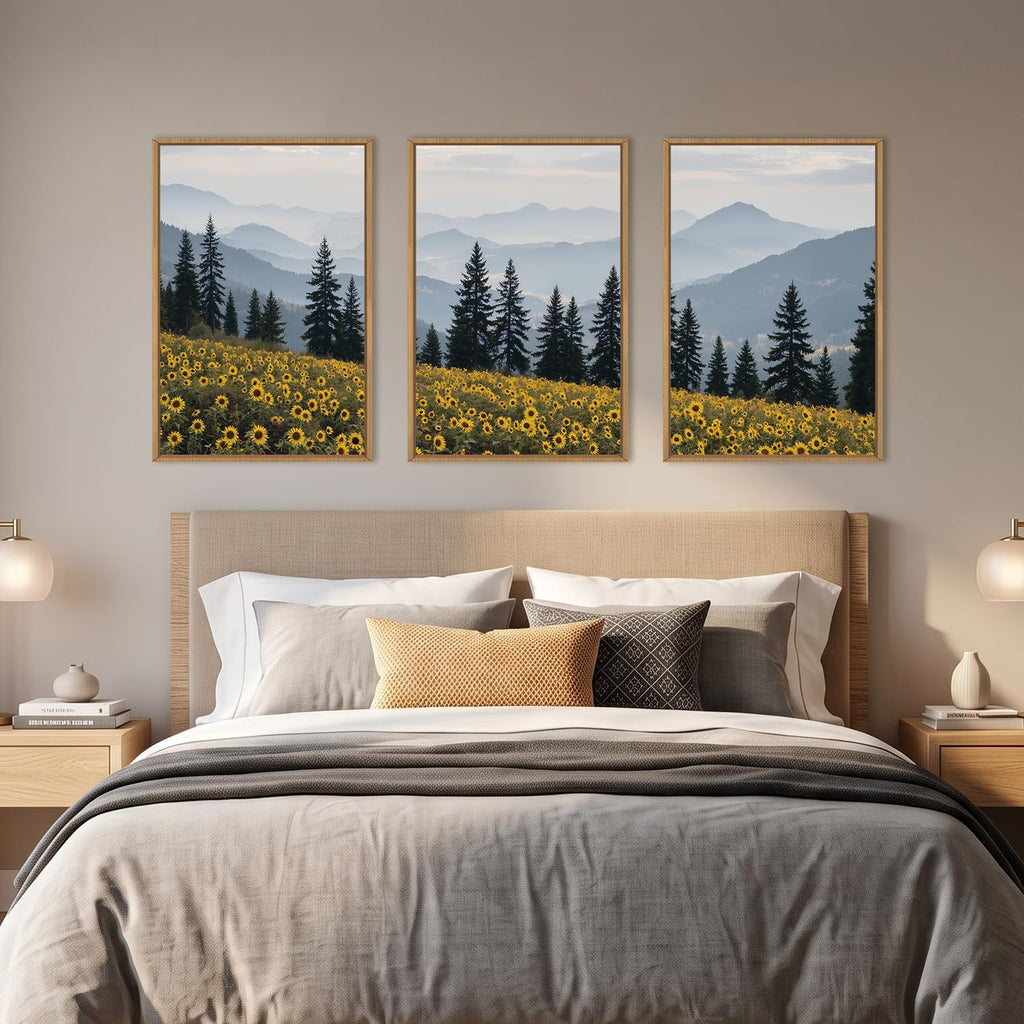 Large Boho Wildness Sunflower Framed Canvas Wall Art Set -16"x24"x3