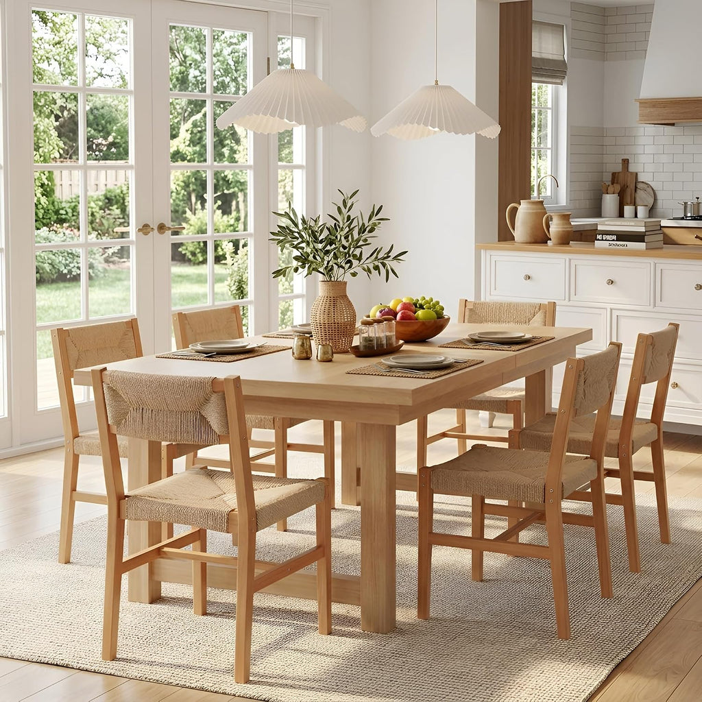 Mid Century Modern Rattan Dining Chairs Set of 6, Natural Beechwood Kitchen Chairs Farmhouse Woven Dining Room Chairs