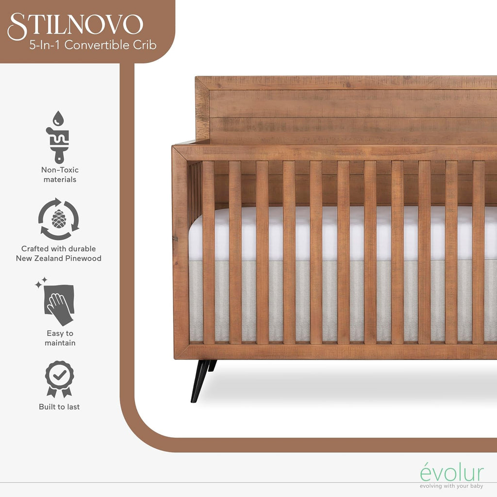 Évolur Stilnovo Mid-Century 4-in-1 Convertible Baby Crib in Sugar Cane, GreenGuard Gold & JPMA, Converts to Toddler