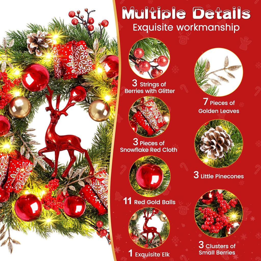 Lighted Christmas Wreath Front Door - 16'' Reindeer Winter Wreath with 8 Modes Timer, Red Gold Balls, Snowflakes