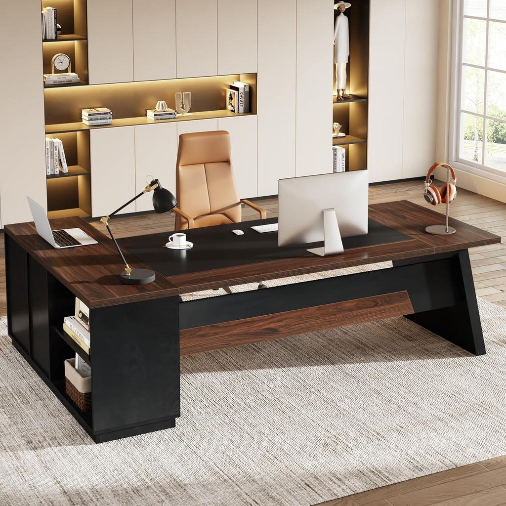 78" L-Shaped Executive Desk, Large Office Desk with Drawers and File Cabinet, Modern Business Furniture (Walnut & Black)