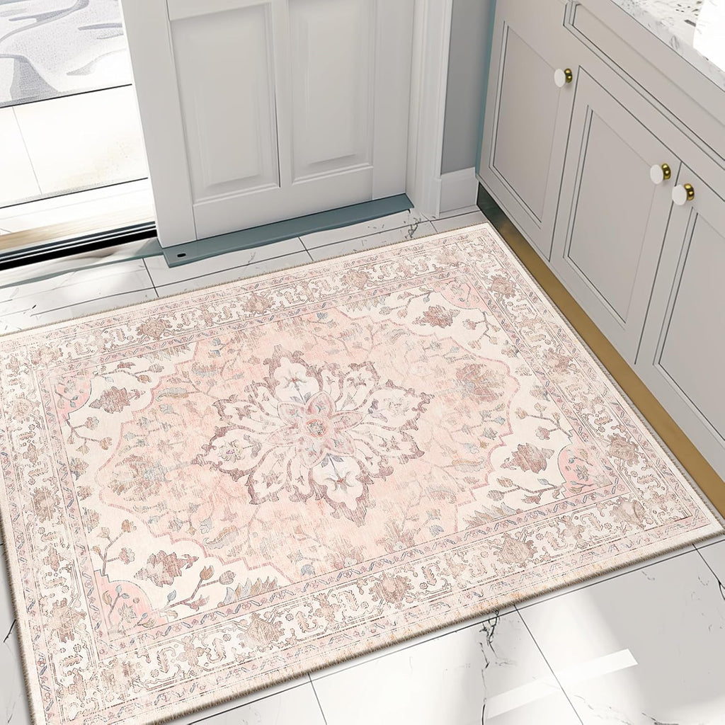 Area Rugs Washable Non-Slip, Floral Vintage Distress Print Pattern Medallion Carpet for Living Room Bedroom