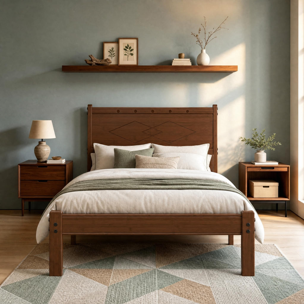 Twin Solid Bamboo Wood 14" Bed Frame with Headboard, Brown