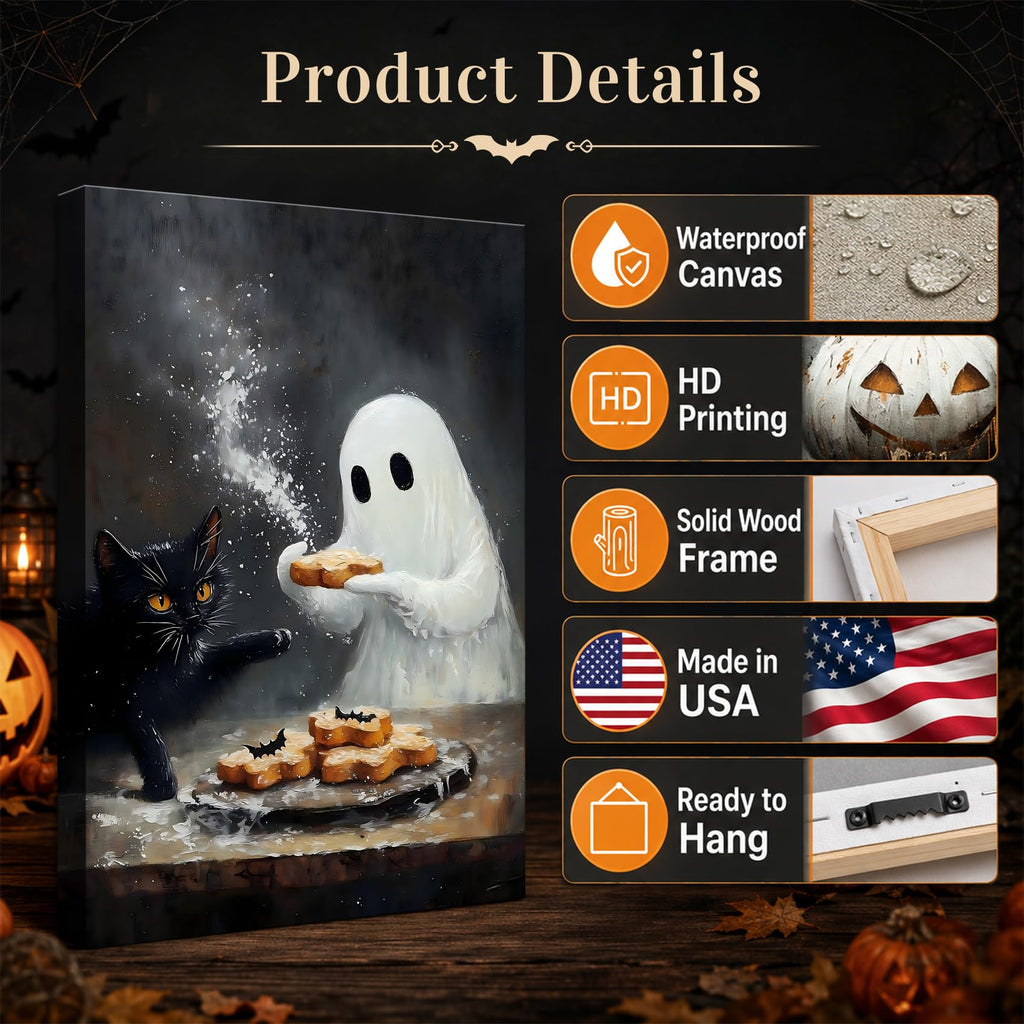 Framed Halloween Canvas Wall Art Adorable Ghost and Black Cat Baking Treats, Cozy Vintage Farmhouse Artwork, Canvas
