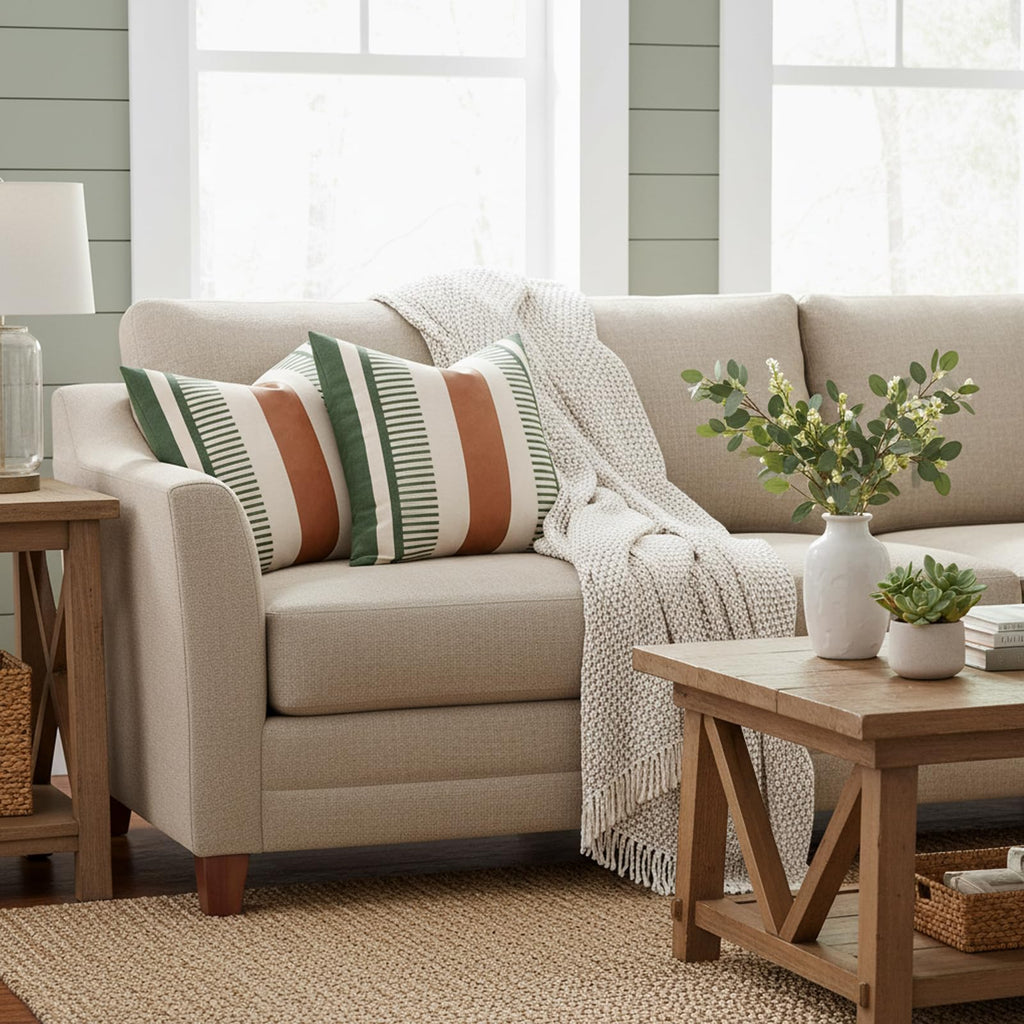 Decorative Farmhouse Throw Pillow Covers 18x18 Accent Faux Leather Pillowcase Rustic Boho Decor, Olive Green and Beige