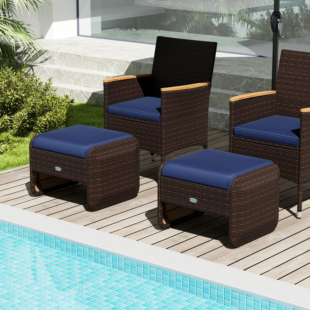 2 Pieces Patio PE Wicker Ottomans with Removable Cushions, Multipurpose Outdoor Furniture for Additional Seating