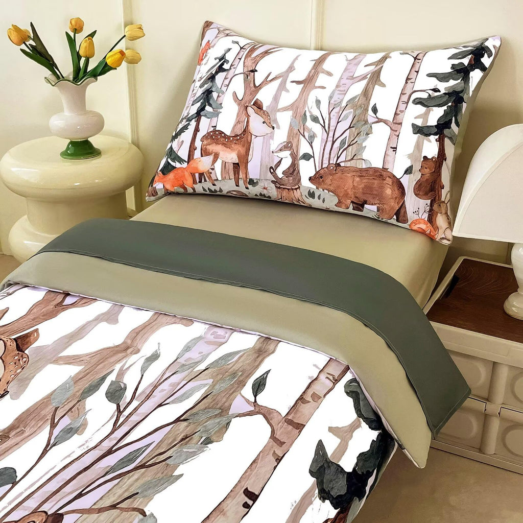 4 Pieces Woodland Animal Toddler Bedding Set, Forest Deer Bear Fox Bed Comforter Set for Boys Girls, Cute Toddler Bed