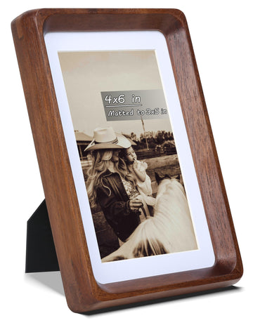 4x6 Picture Frame with Mat for 3x5, USA-Sourced Natural Walnut Wood Handcrafted Rounded Corner with Real Glass