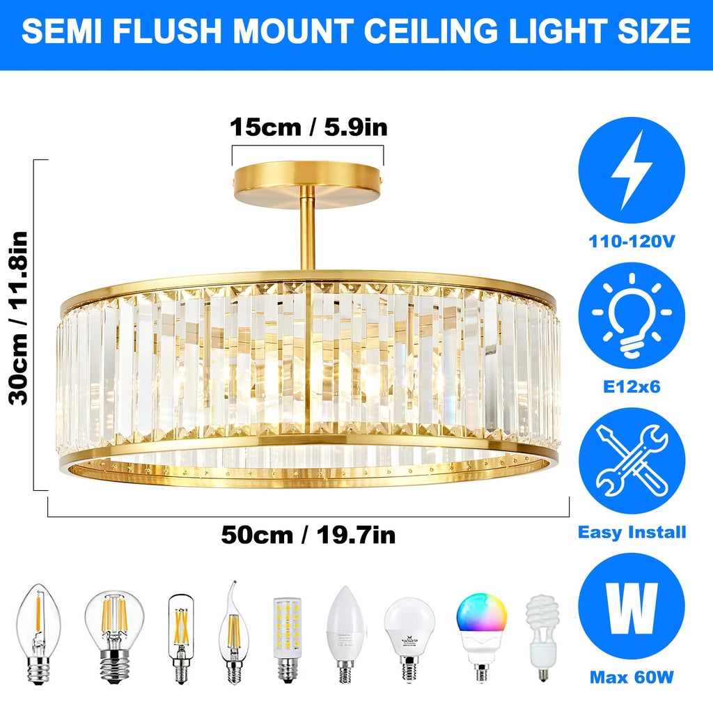 19.7" Modern Crystal Chandeliers Semi Flush Mount Ceiling Light, Large Round Crystal Chandelier Ceiling Lights
