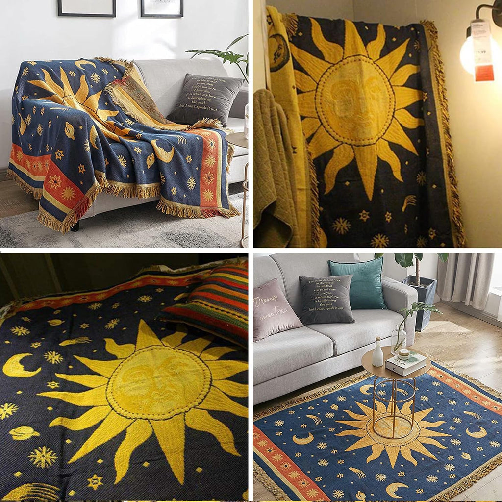 Hippie Throw Blanket Sun Moon Stars Boho Throw Blankets Celestial Tapestry Double-Sided Reversible Woven Cotton Home
