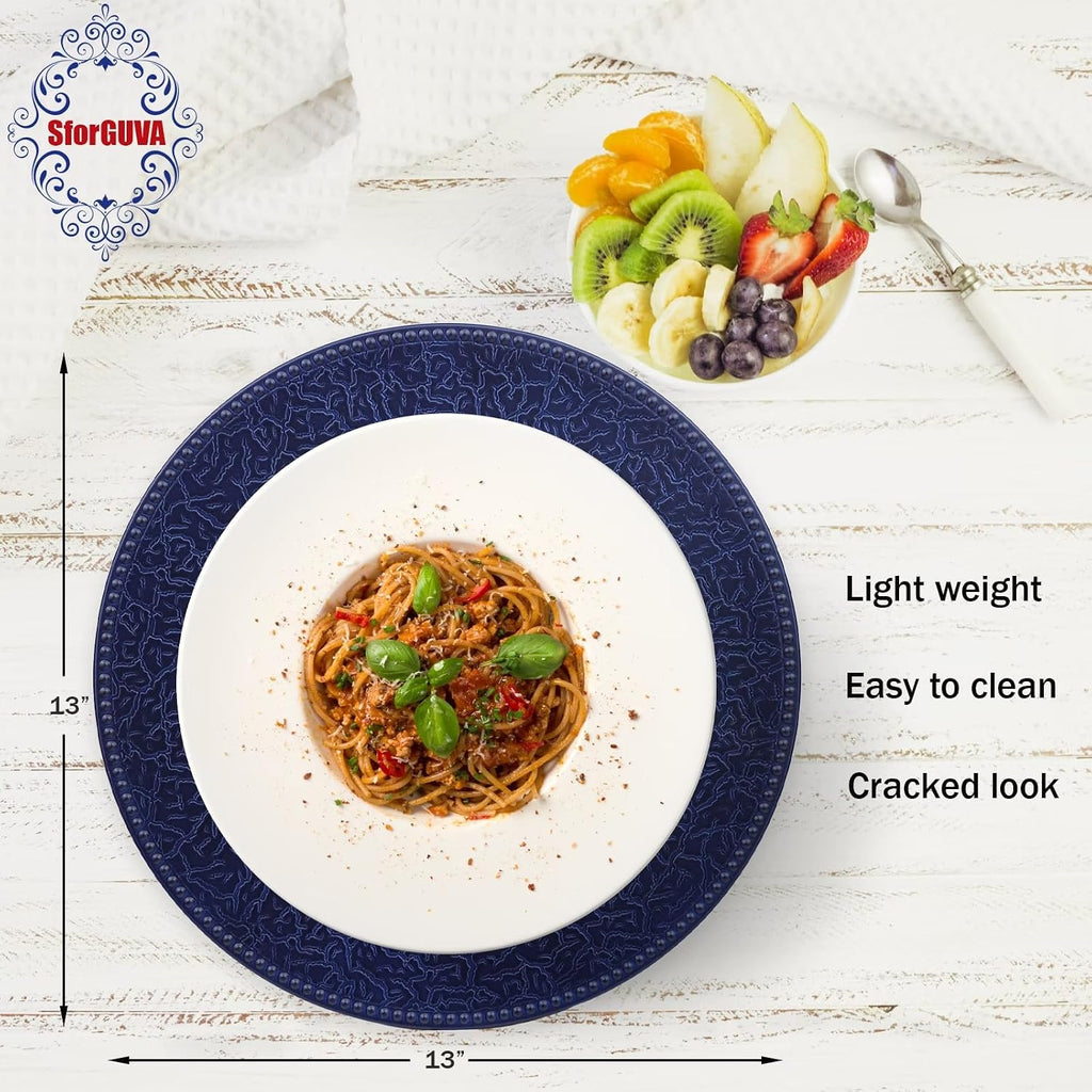 Navy Blue Charger Plates with Beaded Rims, Set of 6 Plastic Wedding Bulk Plate Charges for Dinner Plates, Table