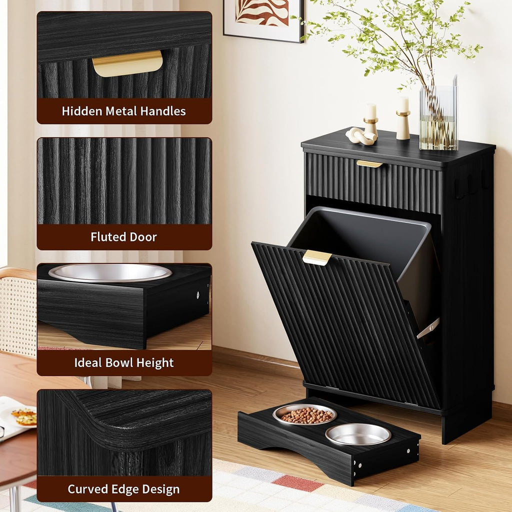 Tilt-Out Trash Cabinet with Dog Feeding Station, Pet Food Storage, Black