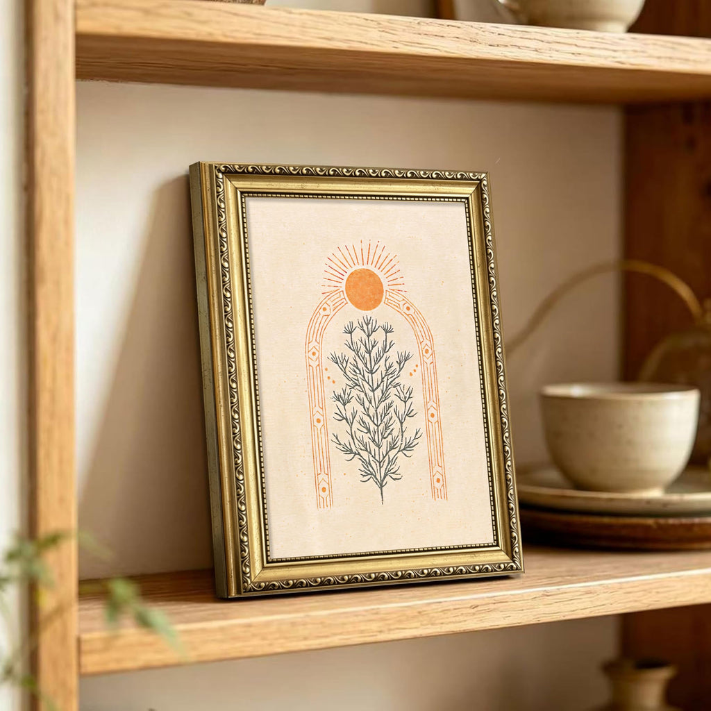 Gold Framed Mid Century Modern Botanical Wall Art, Boho Sun Tree Arch Picture Wall Decor, Neutral Orange Canvas
