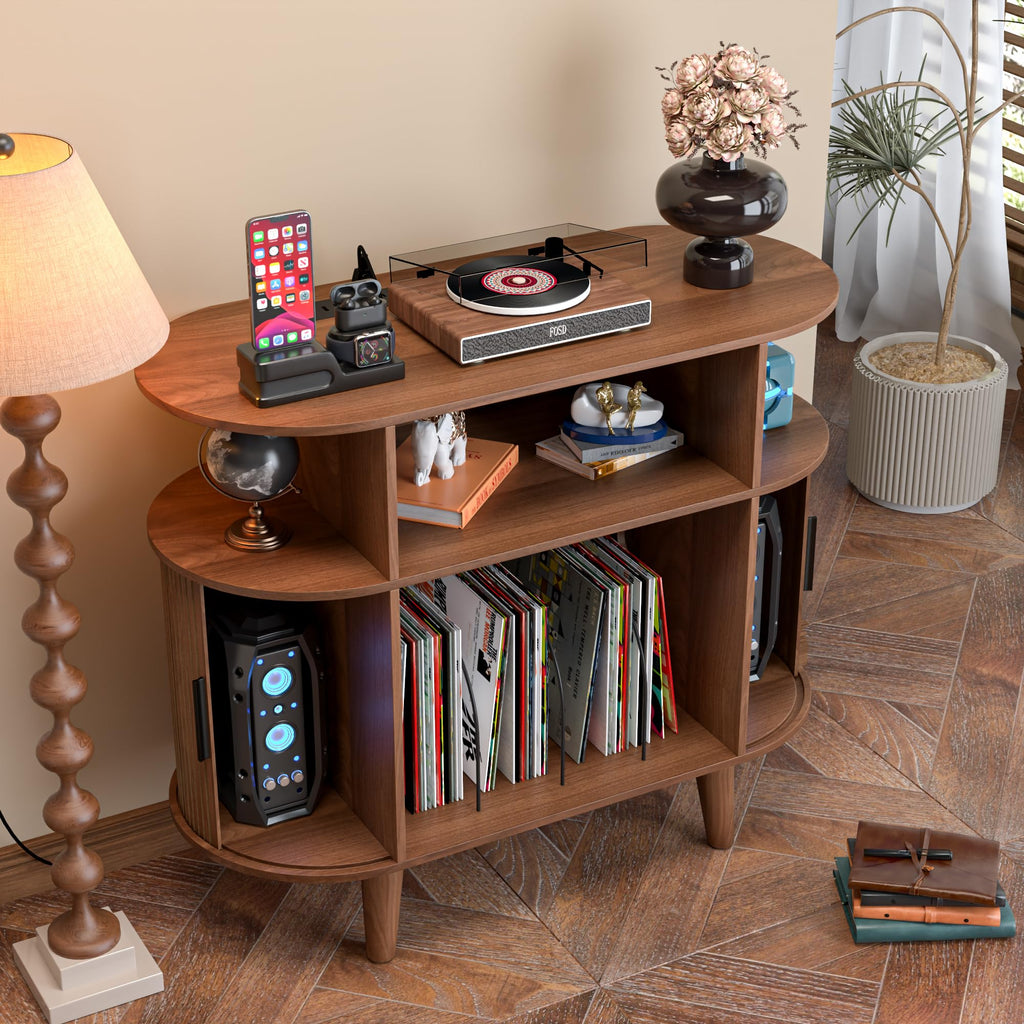 Large Round Record Player Stand with Charging Station & USB Ports