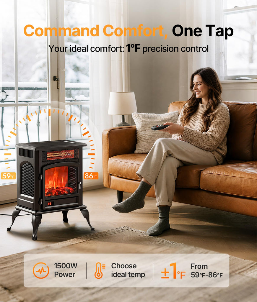 Electric Fireplace Stove Heater with 3D Flame, 1500W &Flame-Only Mode