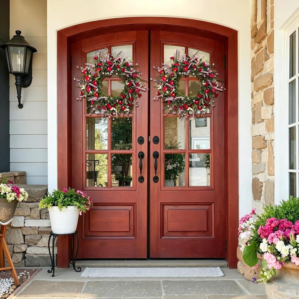 24 Inch Artificial Spring Summer Wreath for Front Door, Colorful Floral Wreath with Red Daisies Lavender