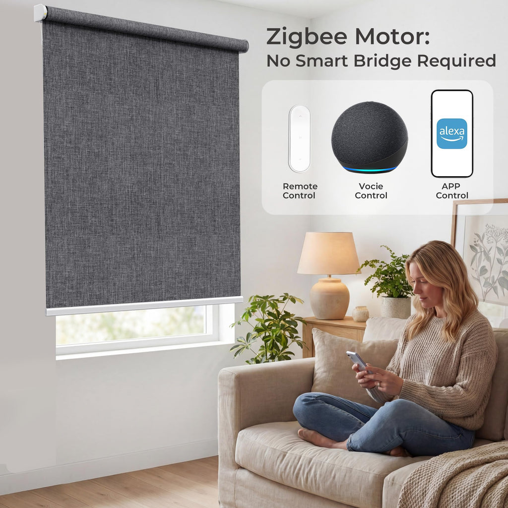 No Drill Motorized Roller Blinds, Outside Mount Installation Electric Blackout Blinds with Remote, Compatible with