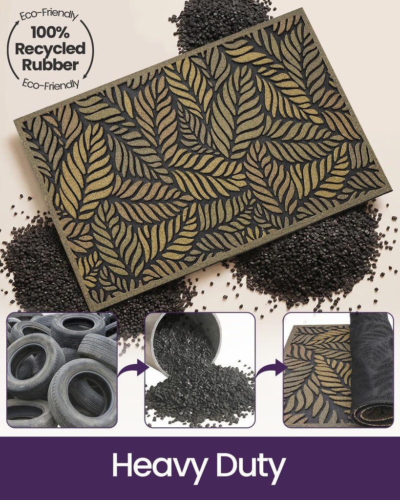 Front Door Mat Outside Entrance 17x30 Rubber Entry Doormat Leaves | Heavy Duty Non Slip, Welcome Entryway Mats Dirt