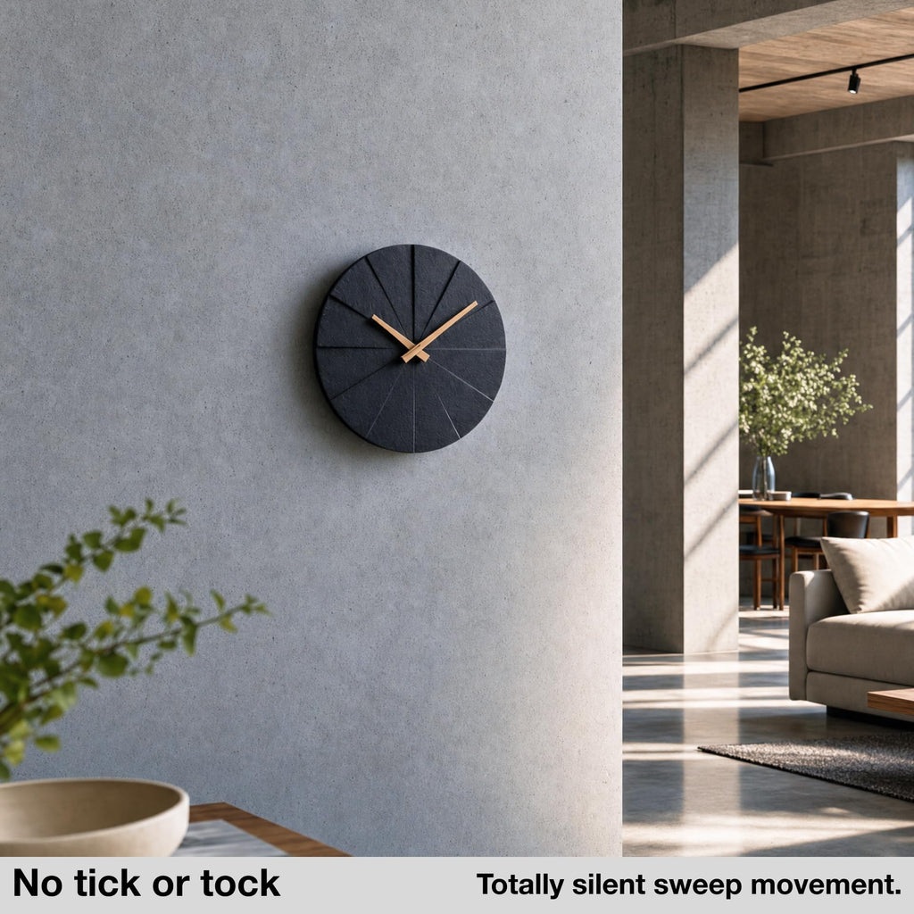 Modern Wall Clock with No Numbers and Wooden Hands. Black, 10.5 Inch