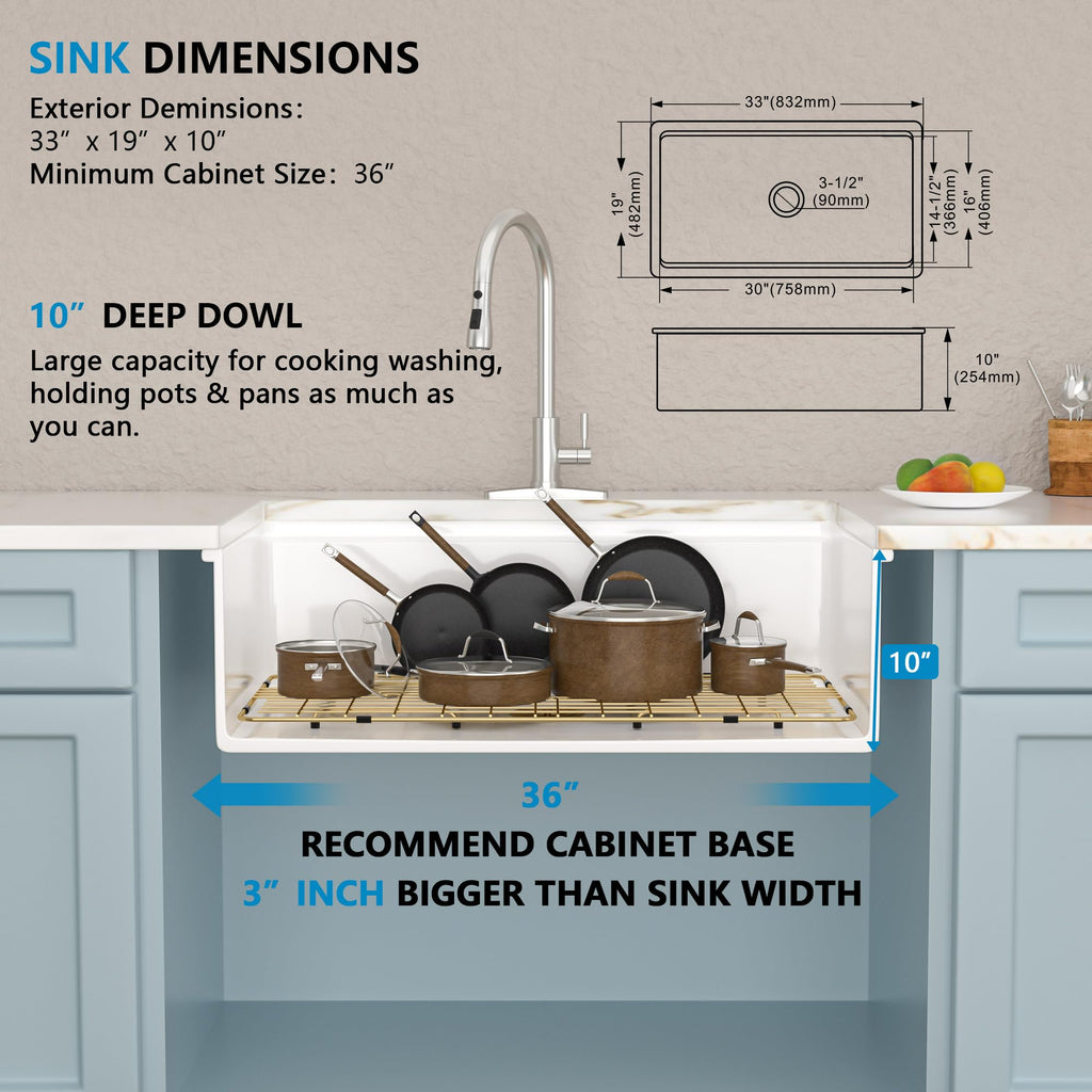 33"x19" White Undermount Kitchen Sink Workstaion - High-Gloss Ceramic Porcelain Fireclay Dual Mount Single Bowl Drop
