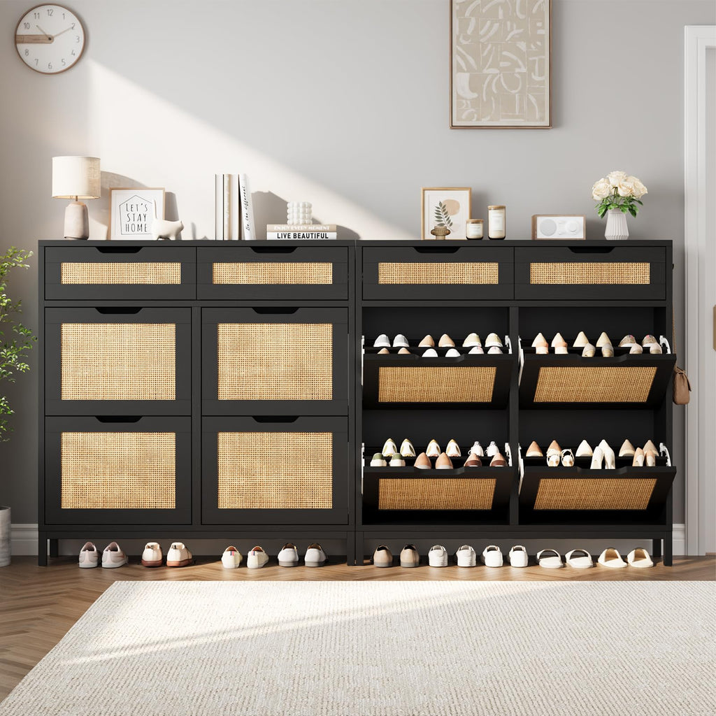 Rattan Shoe Cabinet, Boho Shoe Storage Cabinet with 4 Flip Drawers and 2 Drawers, Narrow Freestanding Shoe Rack with