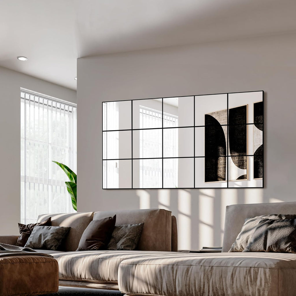 Full Length Mirror, 28"x 55" Window Pane Decorative Mirror for Wall, Black Metal Framed Wall Decor, Wall Mounted