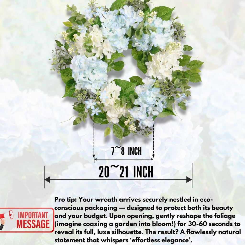 Spring Wreath Artificial Hydrangea Eucalyptus 20IN, Light Blue White Green, Spring Easter Summer Front Door Wall