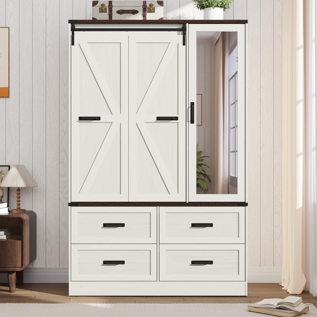 Farmhouse 3-Door Armoire Closet w/Mirror & LED, Antique White