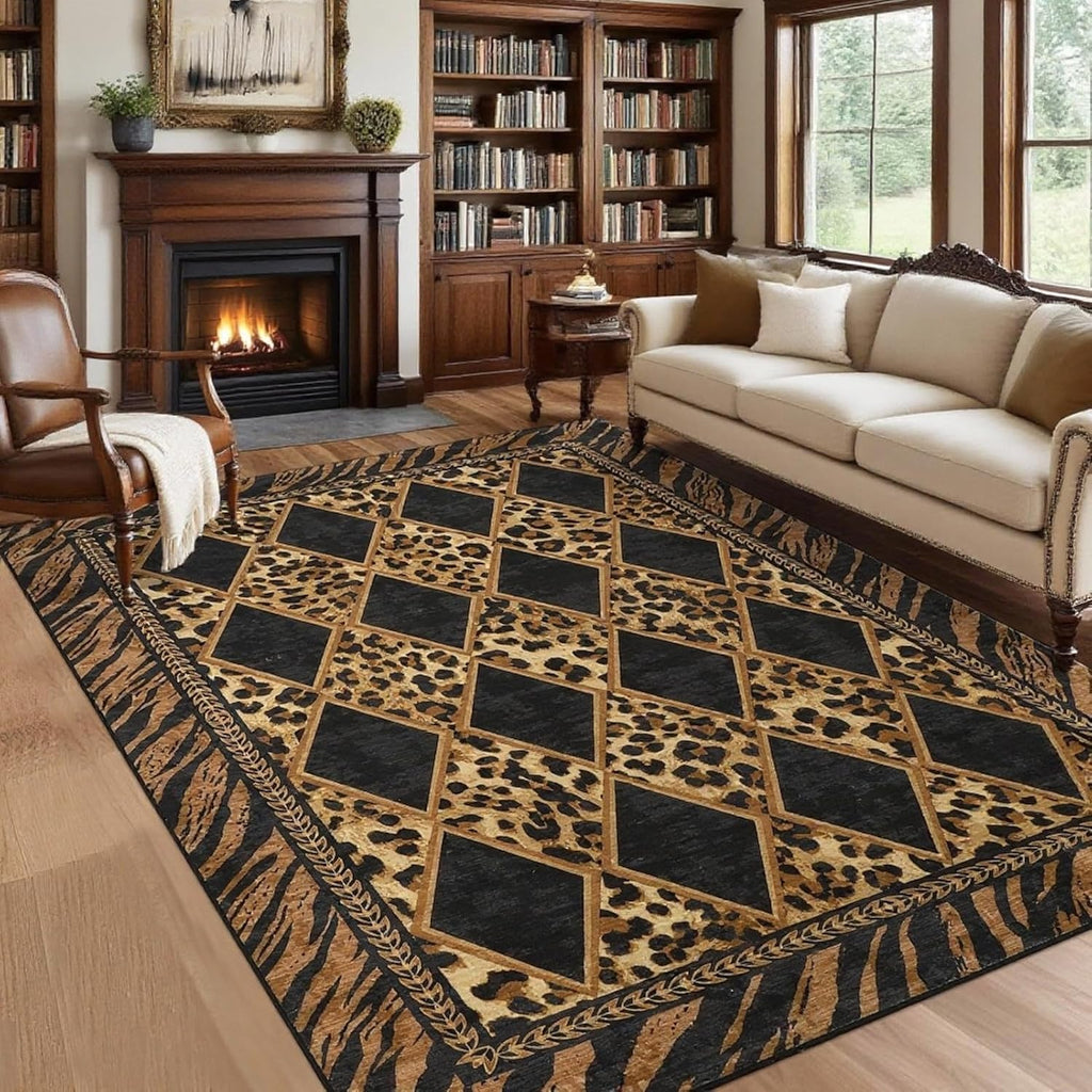 Leopard Rugs, Washable Animal Print Large Area Rugs Non Slip, Soft Low Pile Checkered Indoor Carpet, Brown/Black