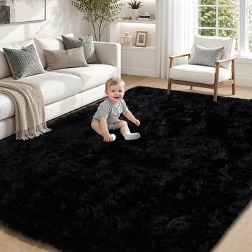 Fluffy Shag Area Rug Living Room Bedroom Washable Black