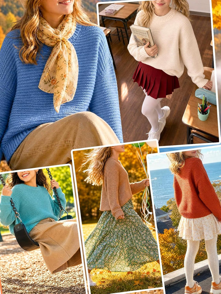 Knit Sweater Long Sleeve Crewneck Solid Soft Loose Pullover for Tween Warm Casual Fall Winter School Top