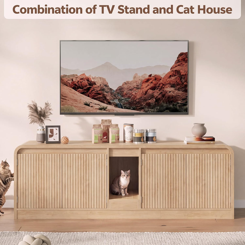 Double Litter Box Enclosure with Litter Collector, 59In, Natural
