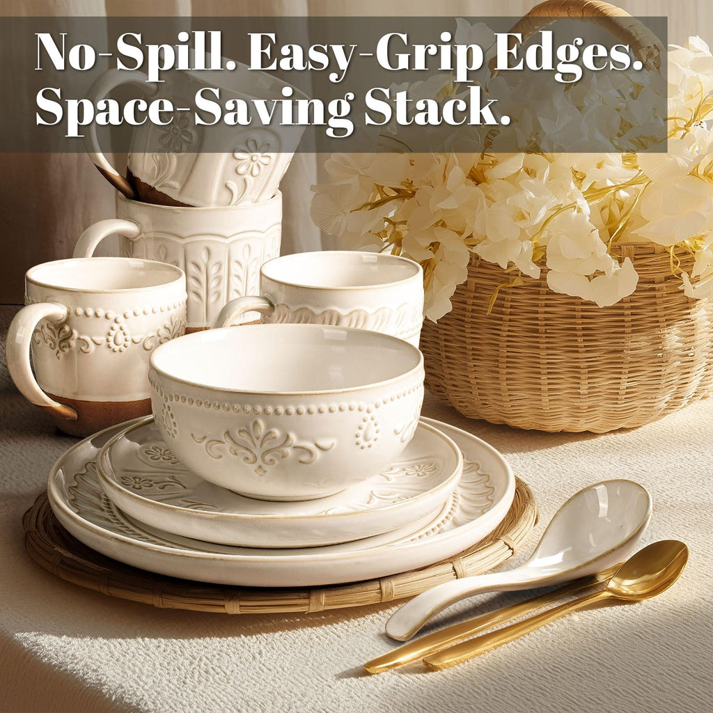 Plates And Bowls Sets, 16 Pieces Dinnerware Sets, Dish Set For 4, Ceramic Kitchen Bowl And Plate Set, Embossed White