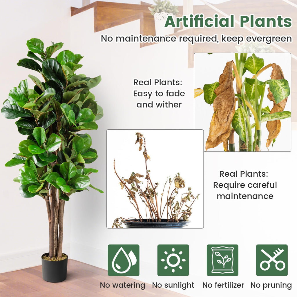 5FT Artificial Greenery Tree, Indoor Fake Fiddle Leaf Fig Tree Plants in Pot, Faux Ficus Lyrata Tree Decoration