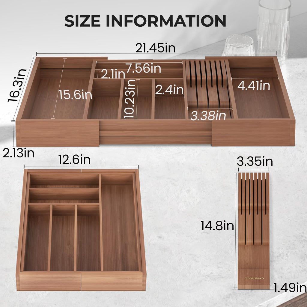 Expandable Bamboo Silverware Organizer with Knife Block, Brown