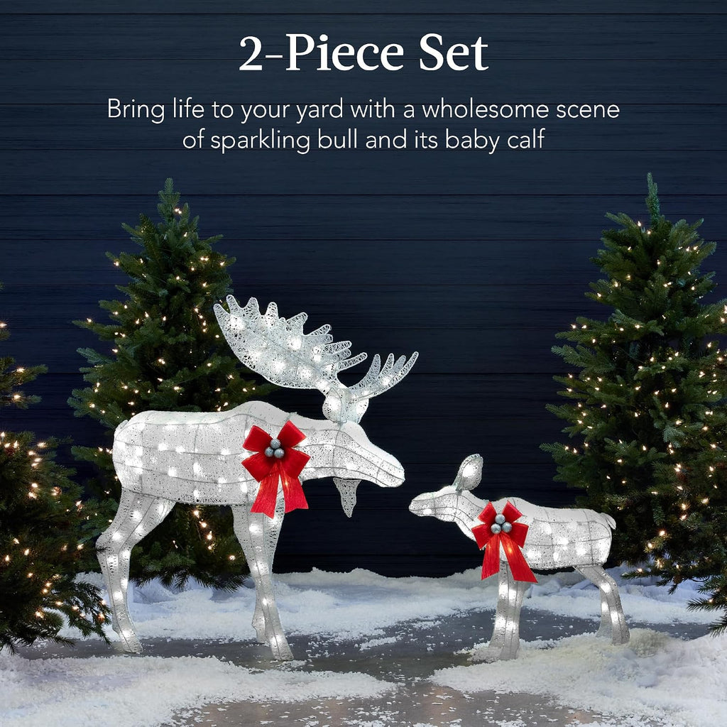 2-Piece Moose Family, Lighted Outdoor All-Weather Christmas Yard Decoration Light-Up Décor Set w/ 170 LED Lights