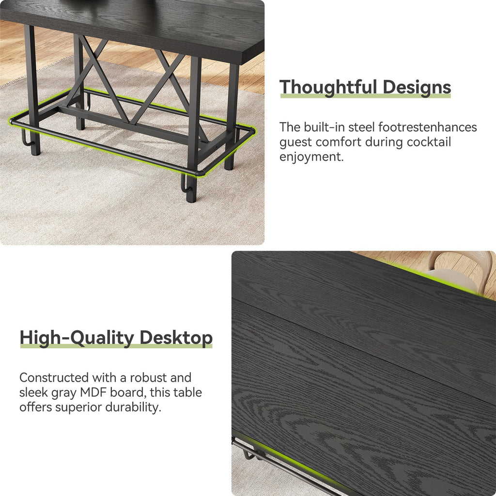 63-Inch Industrial Bar Table with Metal Footrest, Counter Height Pub Table Bar & Entertaining (Black)