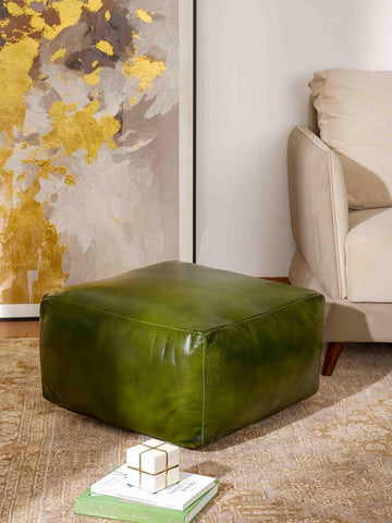 Eco-Friendly Solid Leather Pouf Green Color Square 21" x 21" x 12" Goat Leather Pouf Seating, Patio