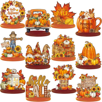 Fall Thanksgiving Table Decorations, Wooden Autumn Harvest Centerpiece, Pumpkin Gnome Scarecrow Table Topper - Set of 12